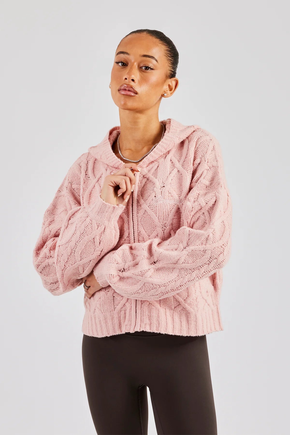 Cable Knit Zip Through Knit Hoodie