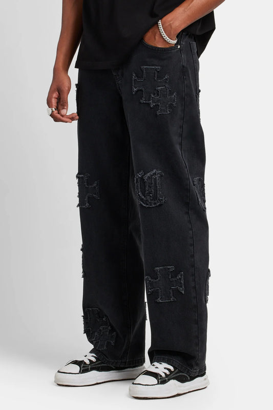 Baggy Raw Edge Applique Jeans