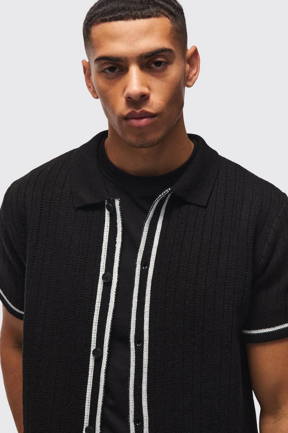 Stripe Knitted Zip Up Polo Shirt