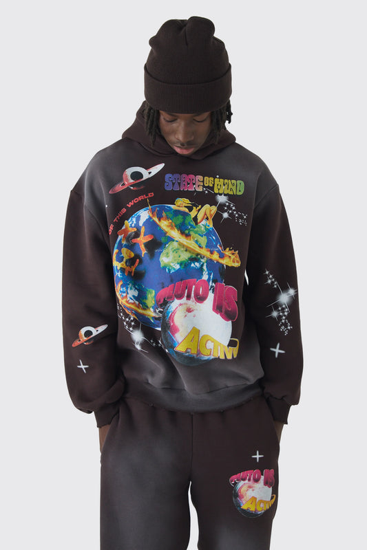 Oversized Distressed Space Graphic Hoodie