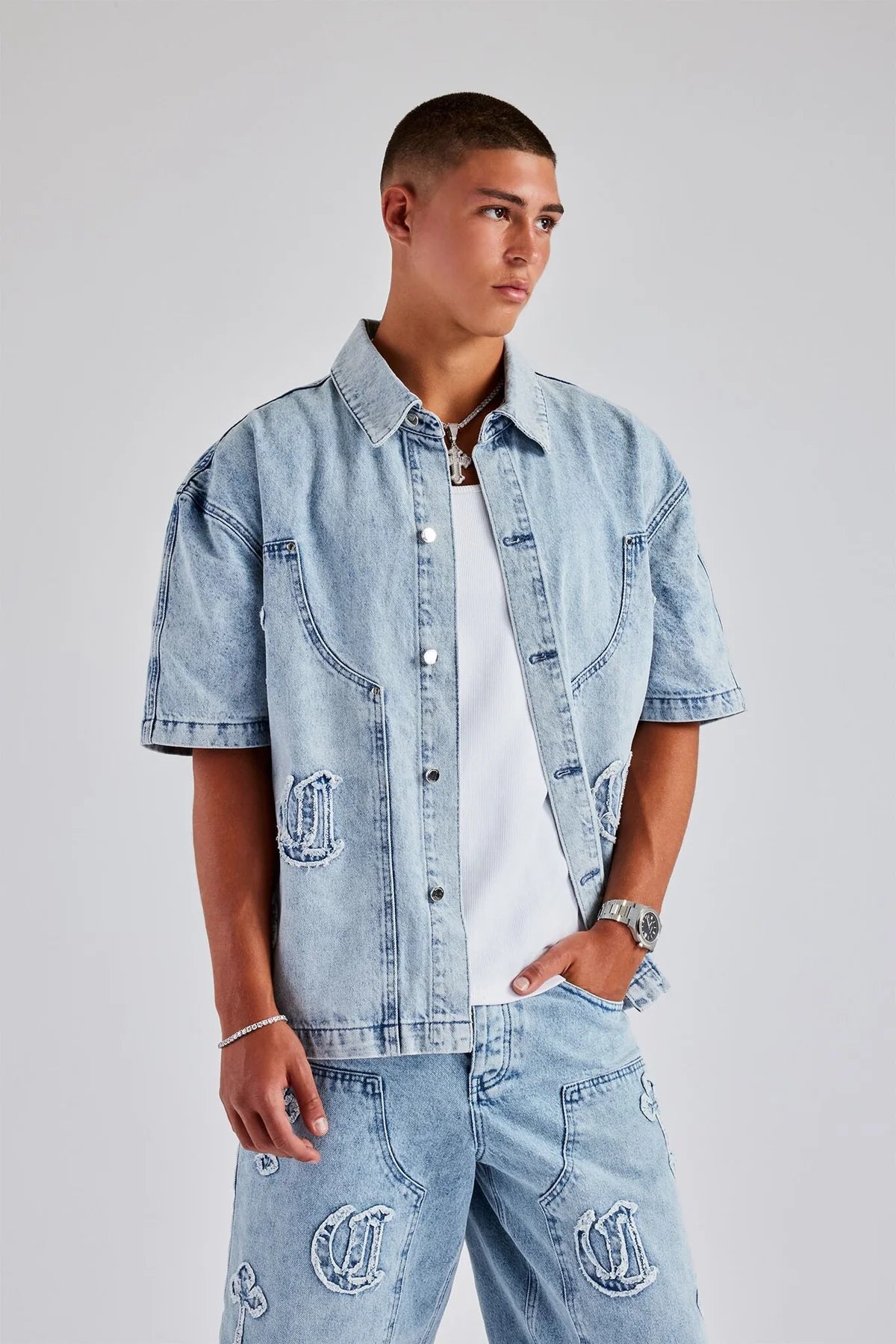 Raw Edge Applique Carpenter Denim Shirt