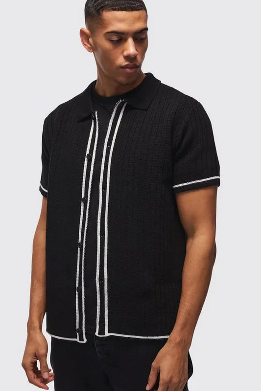 Stripe Knitted Zip Up Polo Shirt